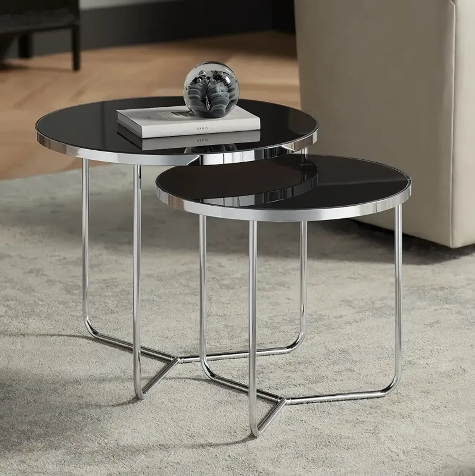 Collins Chrome and Black Glass Nesting Table Set of 2