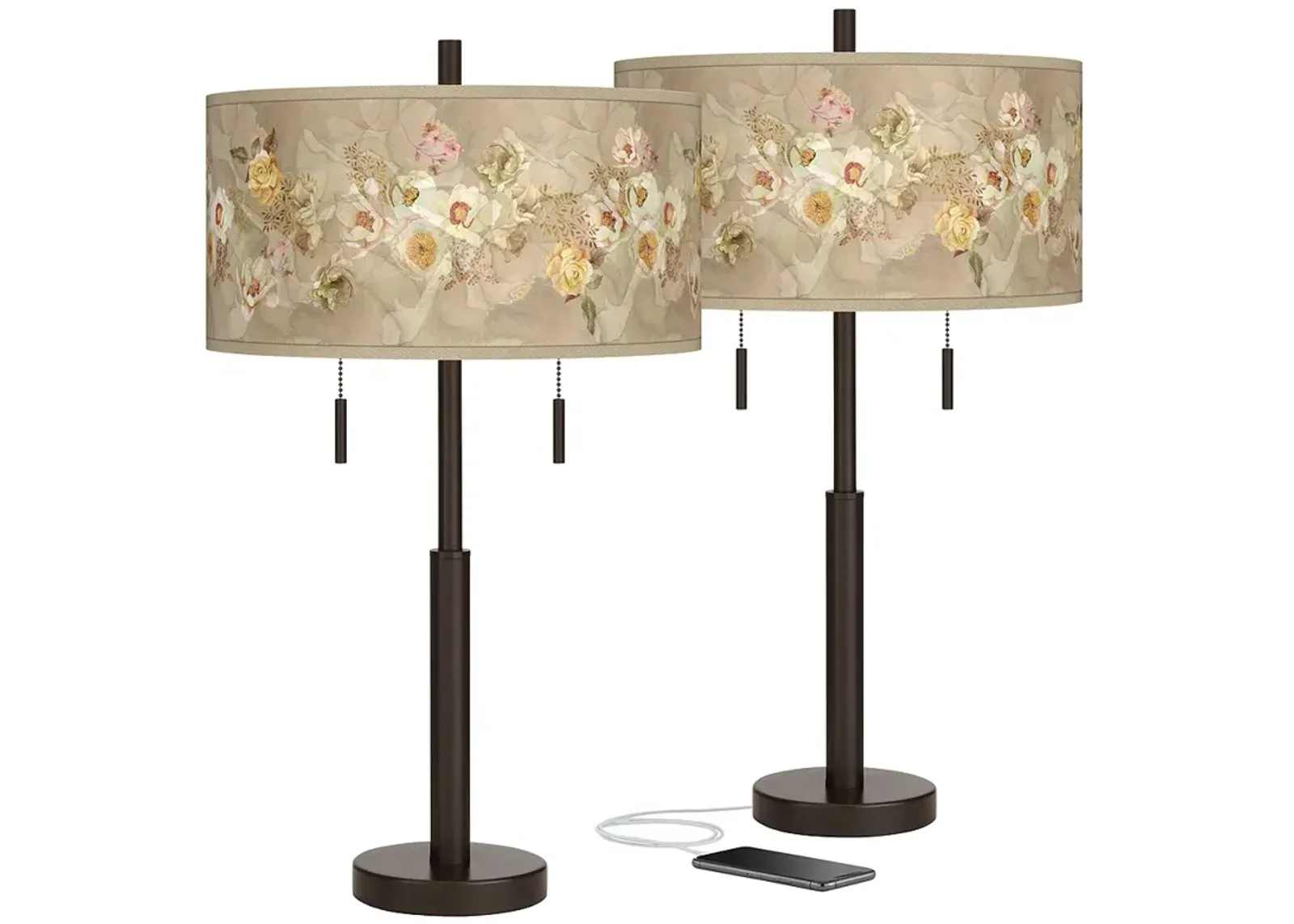 Floral Spray Robbie Bronze USB Table Lamps Set of 2