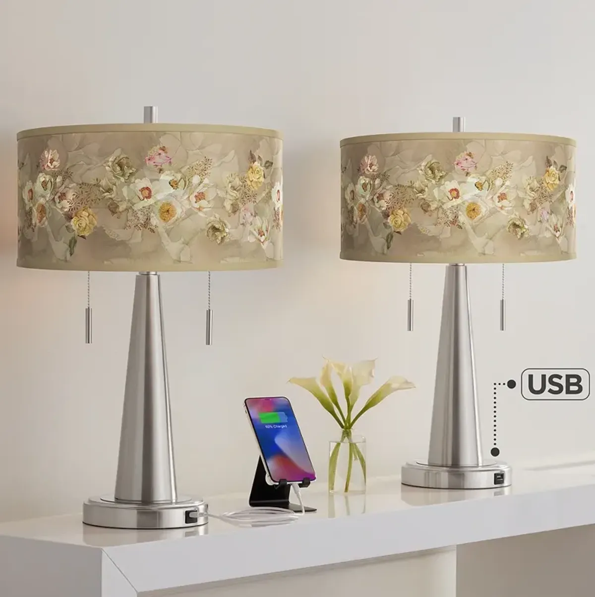 Floral Spray Vicki Brushed Nickel USB Table Lamps Set of 2