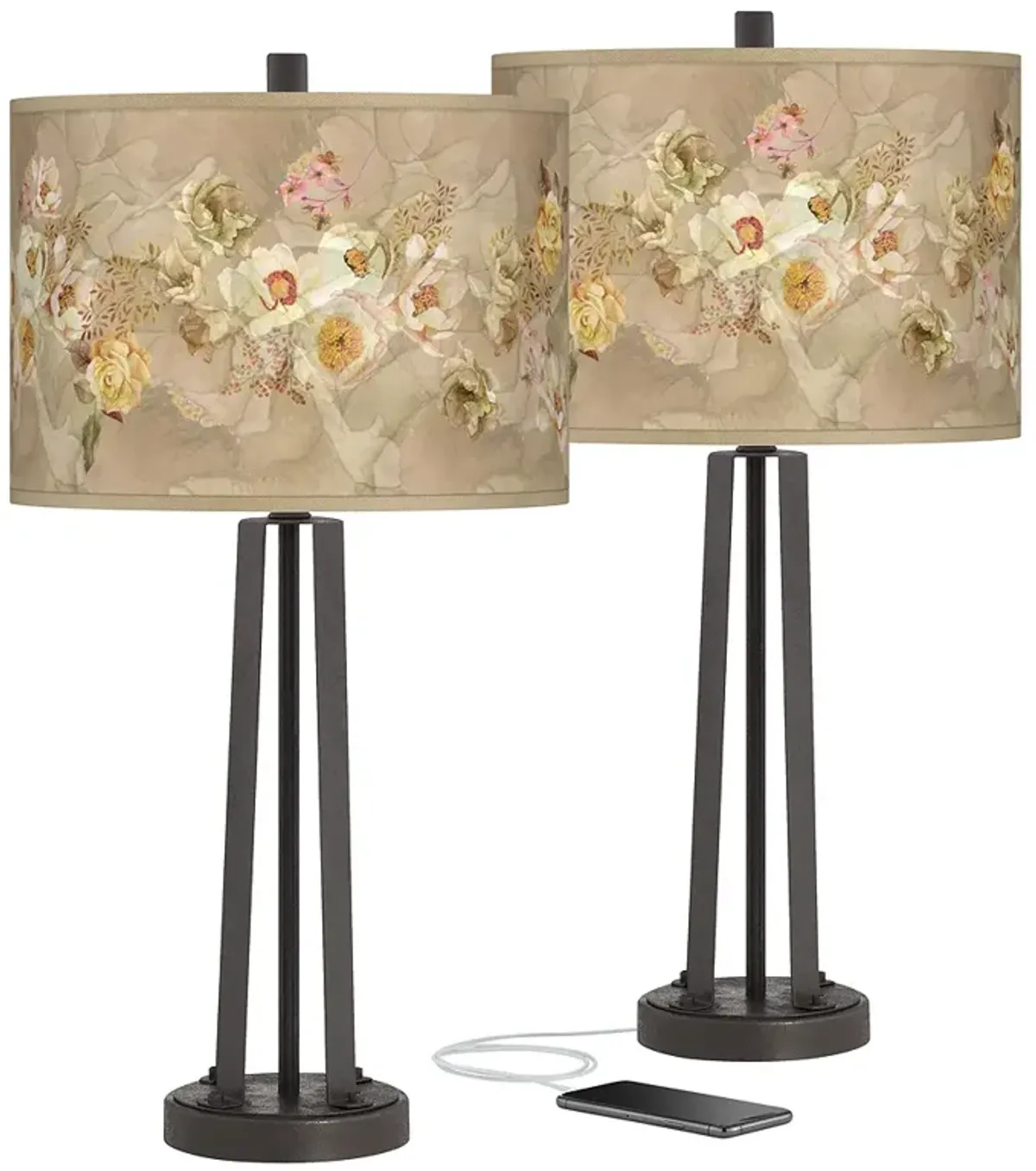 Floral Spray Susan Dark Bronze USB Table Lamps Set of 2