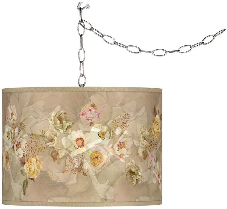 Swag Style Floral Spray Giclee Shade Plug-In Chandelier