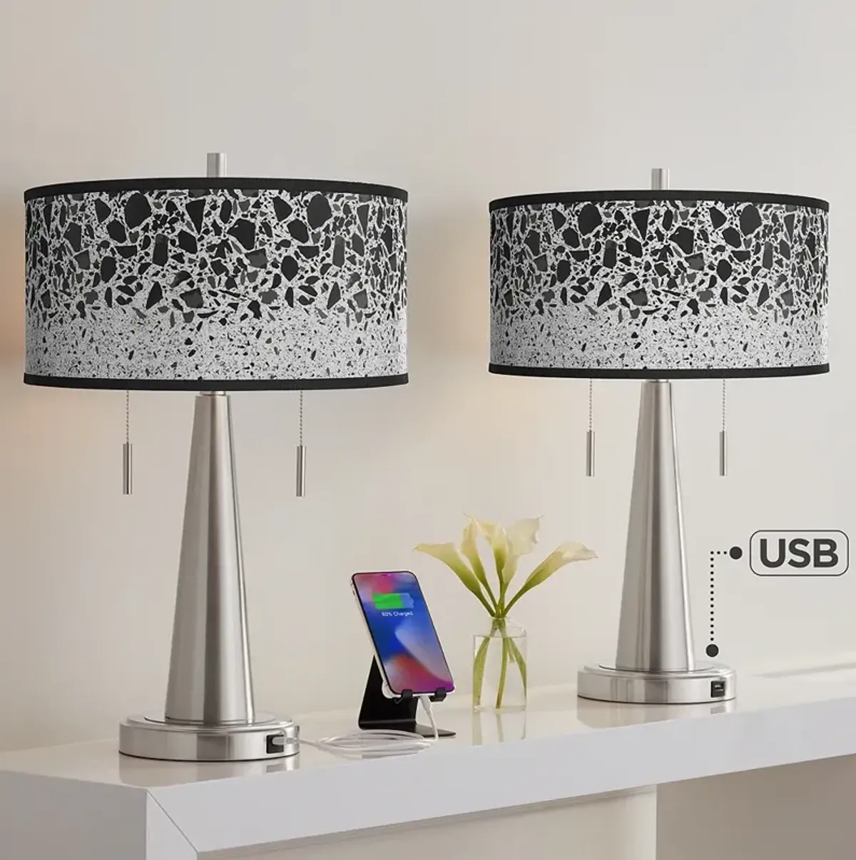 Terrazzo Vicki Brushed Nickel USB Table Lamps Set of 2