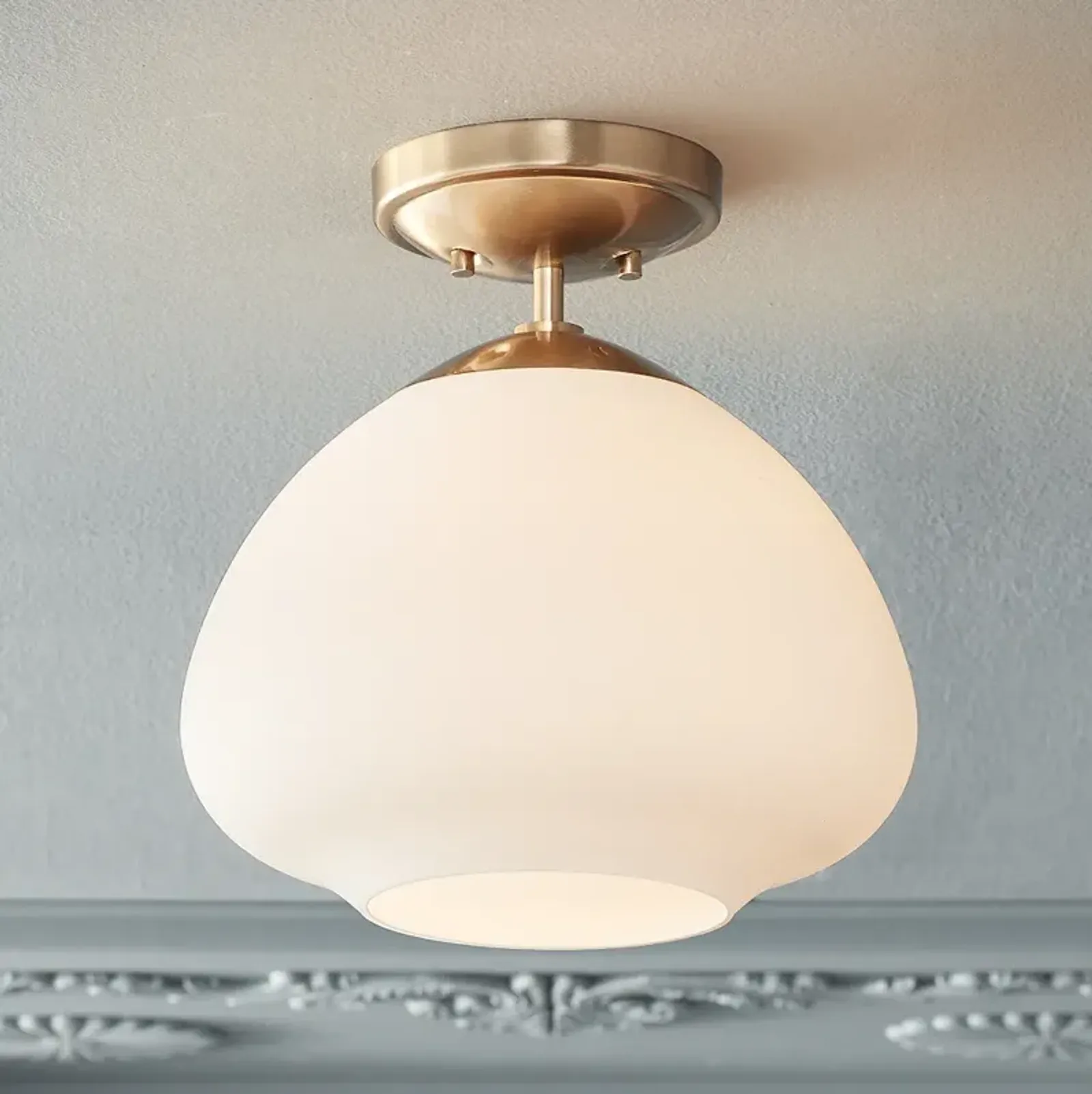 Possini Euro Orilla 12" Wide Warm Brass and Opal Glass Ceiling Light