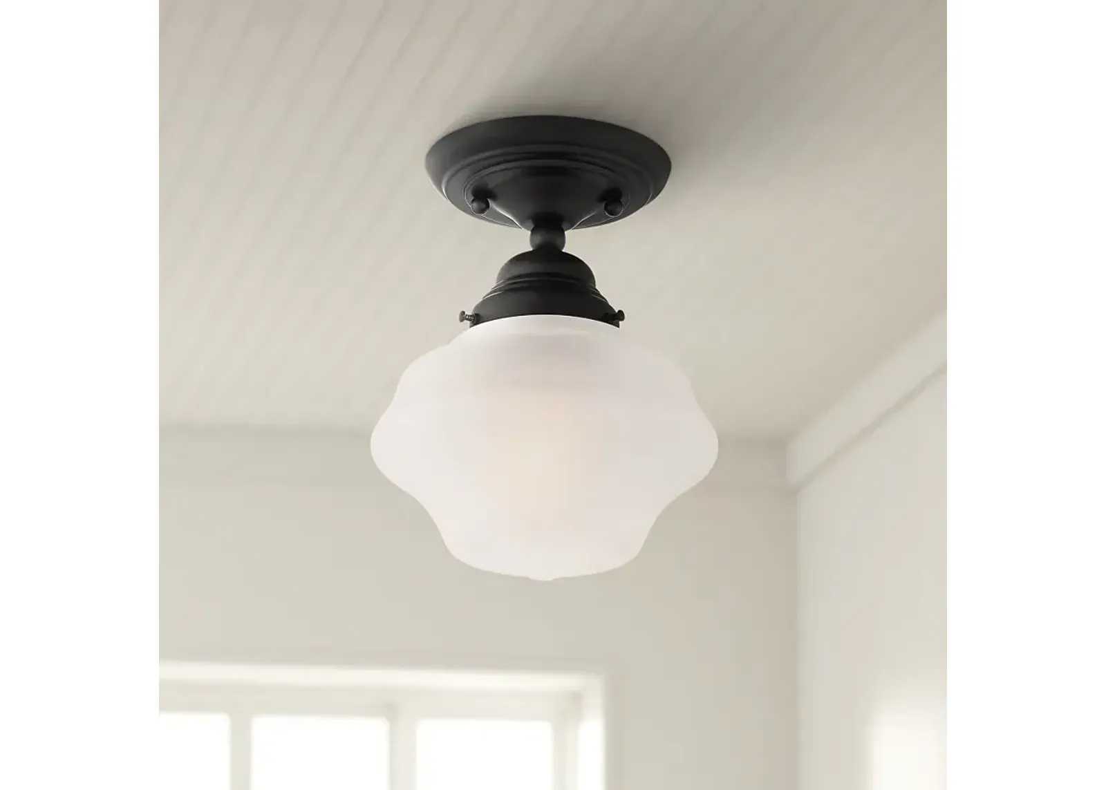 Regency Hill Schoolhouse 7" Wide Black and Frosted Glass Ceiling Light