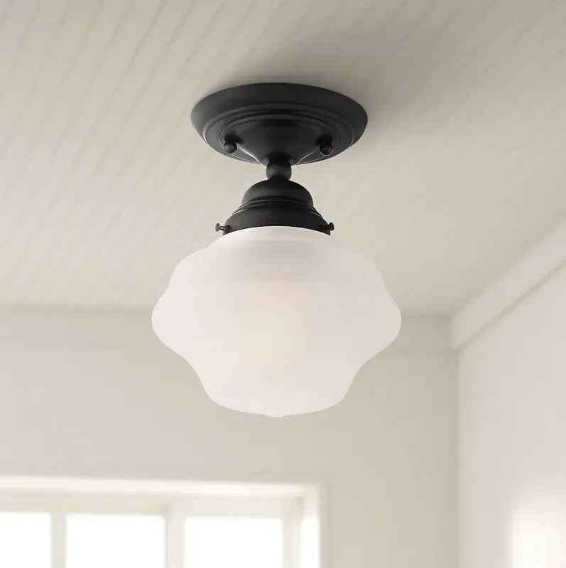 Regency Hill Schoolhouse 7" Wide Black and Frosted Glass Ceiling Light