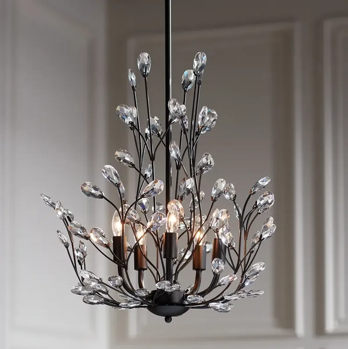 Regency Hill Aurine 18" Matte Black and Floral Crystal Chandelier