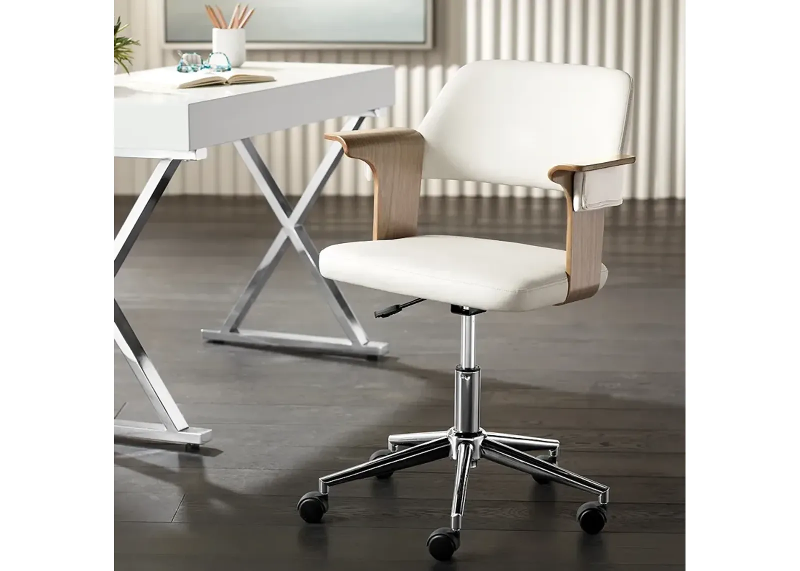 Milano White Fabric and Gray Wood Adjustable Swivel Office Chair