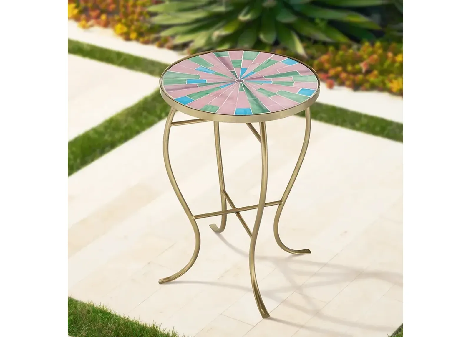 Pastel Mosaic Glass Tile Table with Gold Finish Base