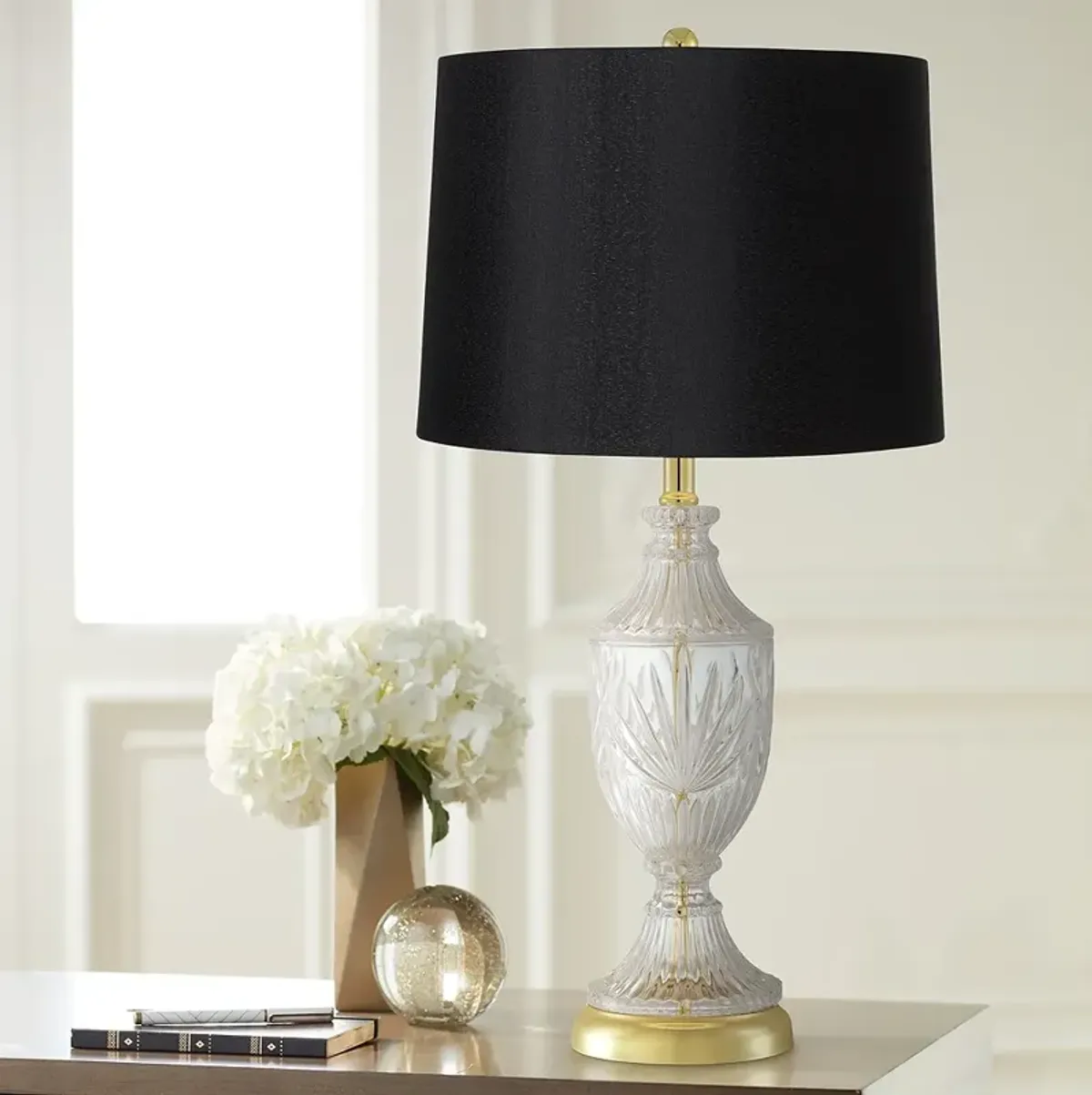 Jeannie 26 1/2" Brass and Cut Glass Table Lamp with Black Shade