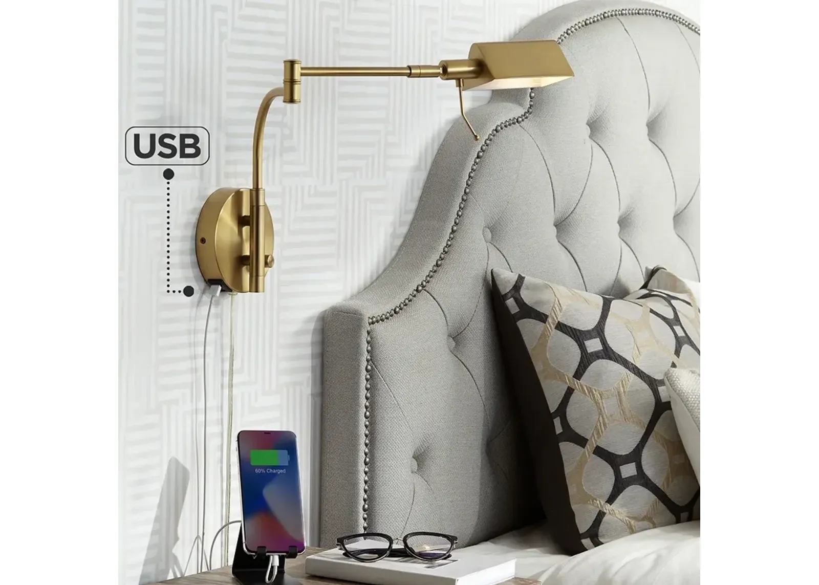 Possini Euro Keegan Plug-In Swing Arm Wall Lamp with Dual USB Ports