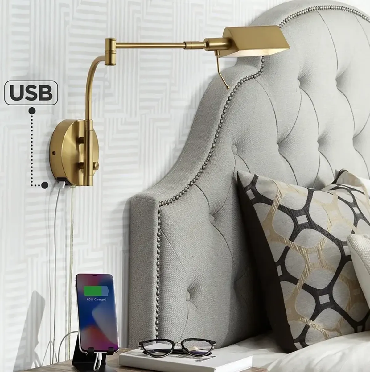 Possini Euro Keegan Plug-In Swing Arm Wall Lamp with Dual USB Ports