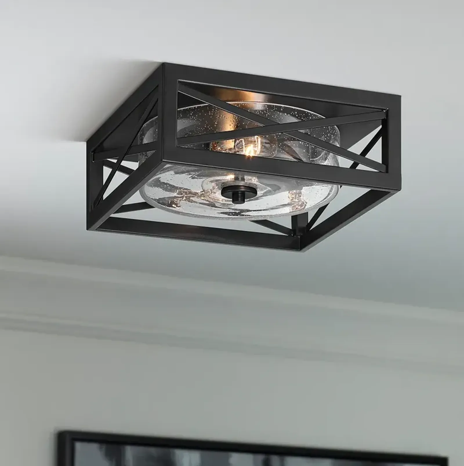 Franklin Iron Works Drake 12" Black and Seeded Glass Ceiling Light