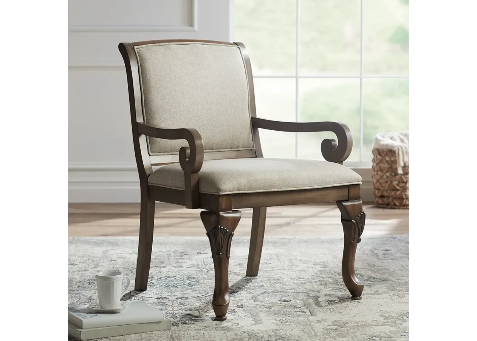 Diana Beige Upholstered Wood Arm Traditional Accent Chair