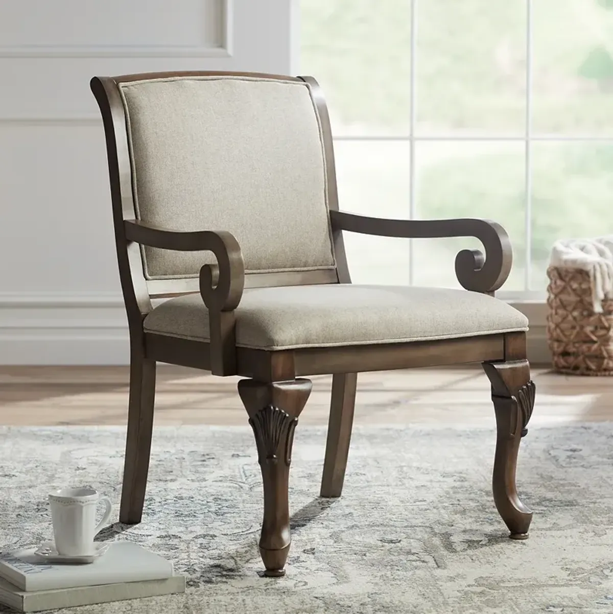 Diana Beige Upholstered Wood Arm Traditional Accent Chair