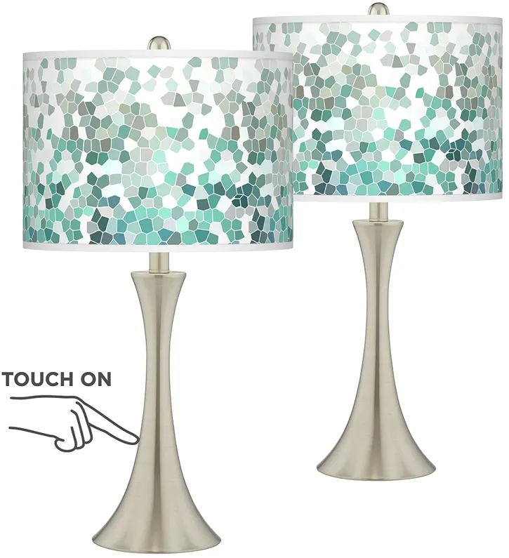 Giclee Glow Trish Aqua Mosaic Brushed Nickel Touch Table Lamps Set of 2