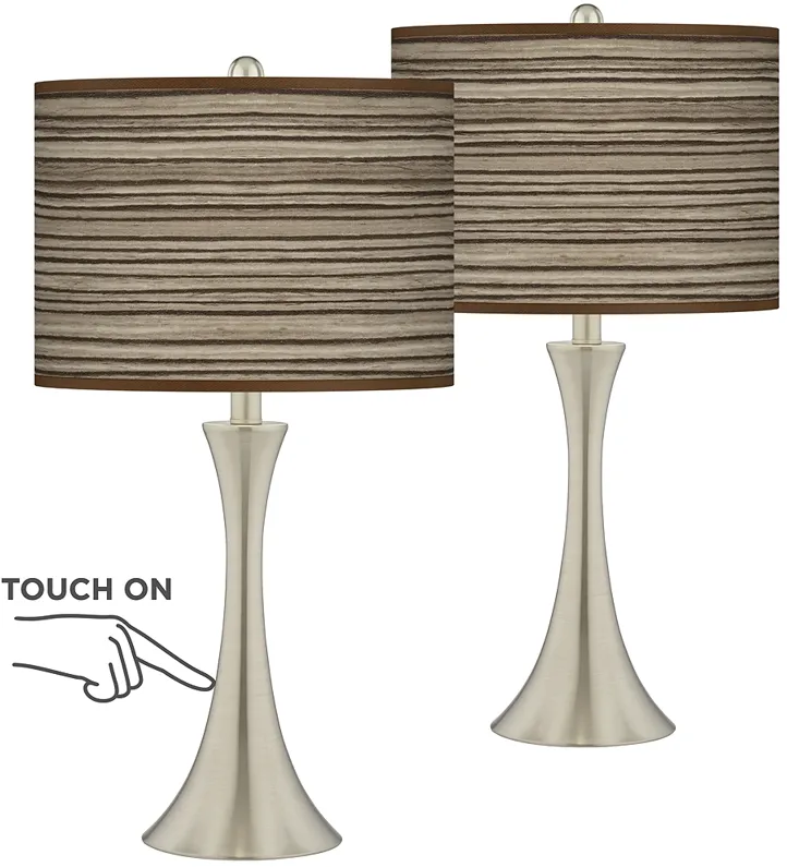 Cedar Zebrawood Trish Brushed Nickel Touch Table Lamps Set of 2