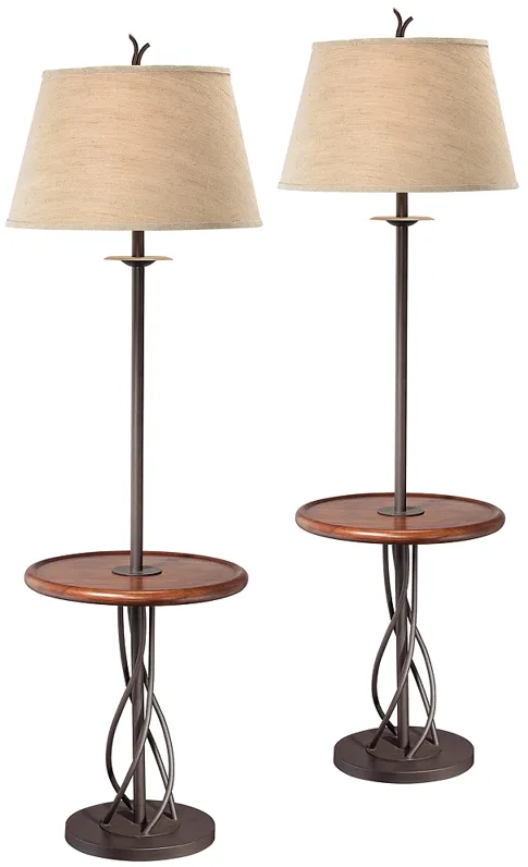 Franklin Iron Works 63 1/2" Twist Base Wood Table Floor Lamps Set of 2