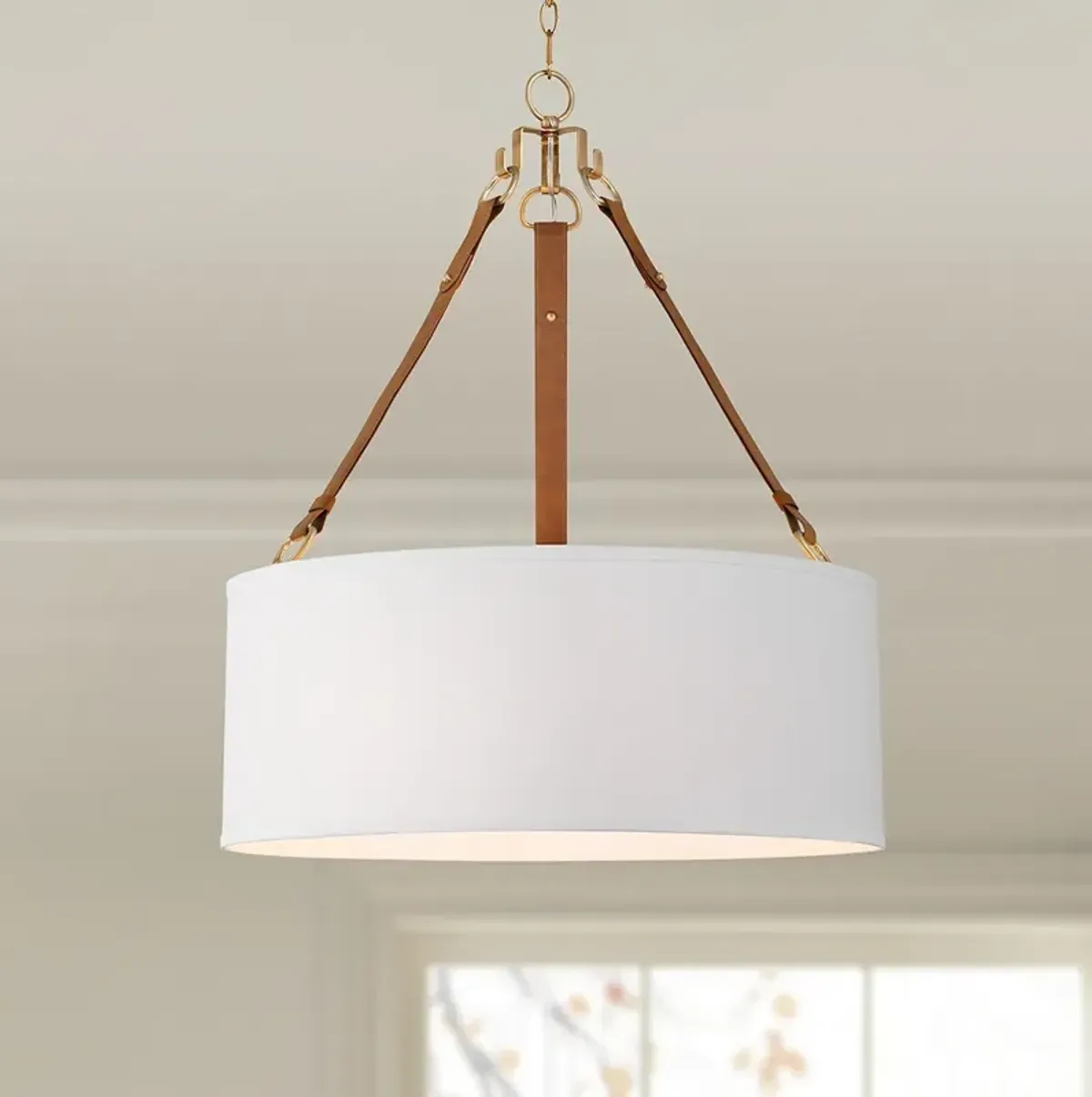 Possini Euro Indy 26" White and Leather 5-Light Drum Pendant Light