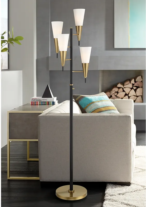 Possini Euro Quatro 4-Light Tree Floor Lamp Black with Warm Gold