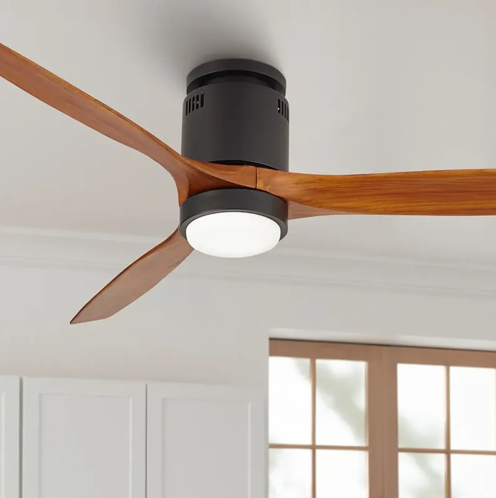 52" Windspun Walnut Matte Black LED DC Hugger Ceiling Fan with Remote