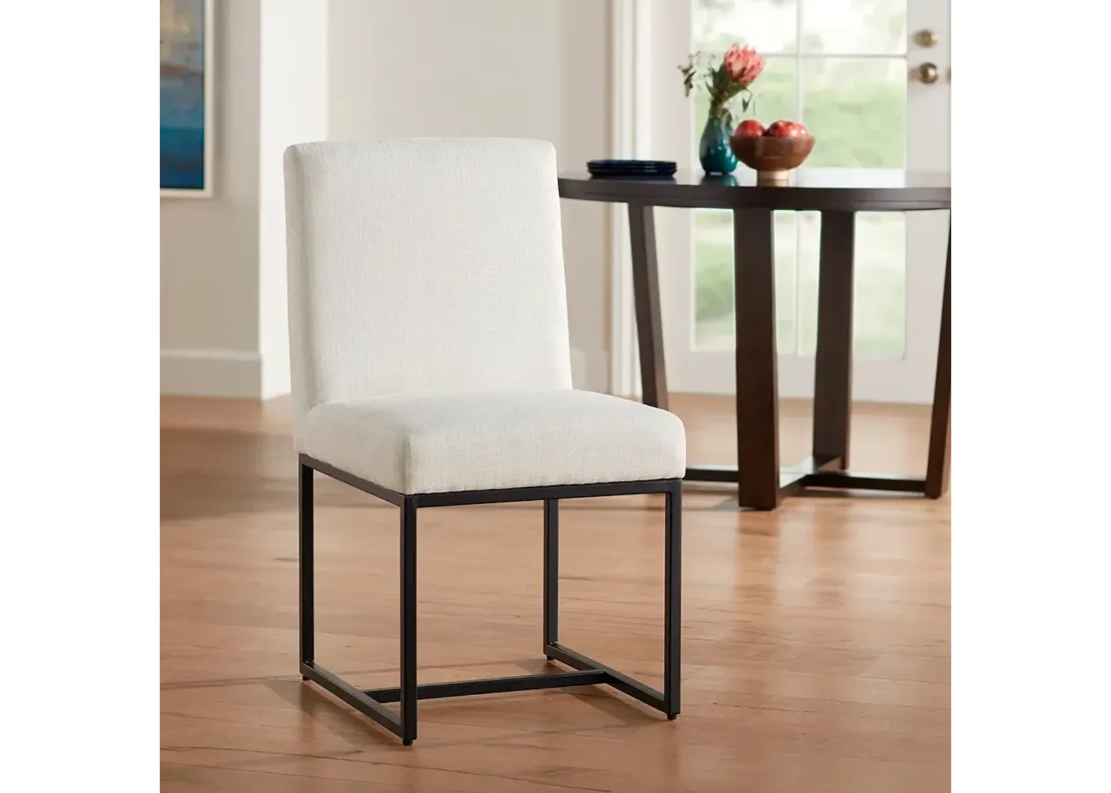 Myles Off-White Fabric and Black Metal Dining Chair