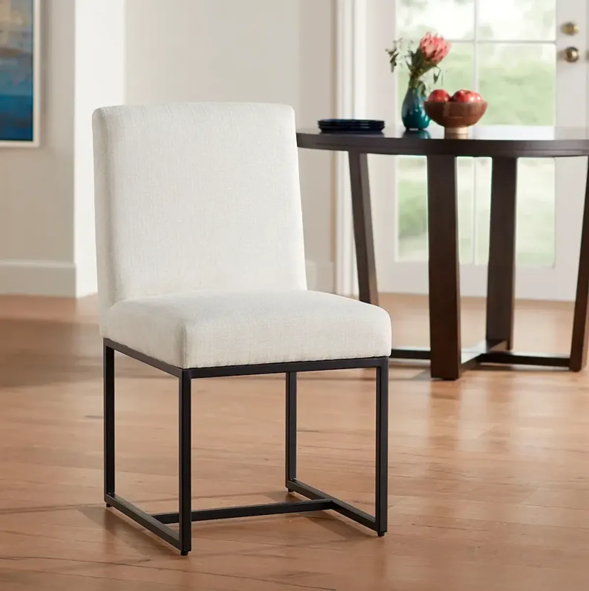 Myles Off-White Fabric and Black Metal Dining Chair