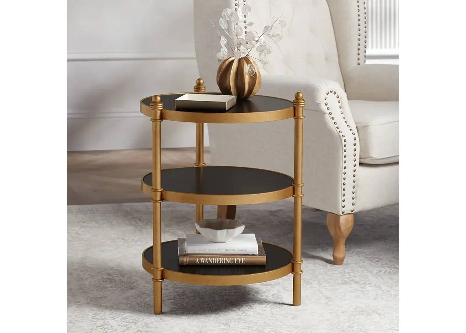 Cason 18 3/4" Wide Black and Gold Round 3-Tier Side Table