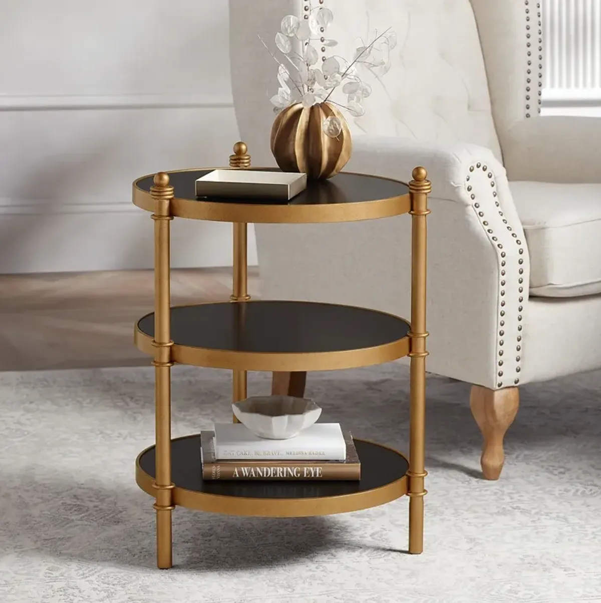 Cason 18 3/4" Wide Black and Gold Round 3-Tier Side Table