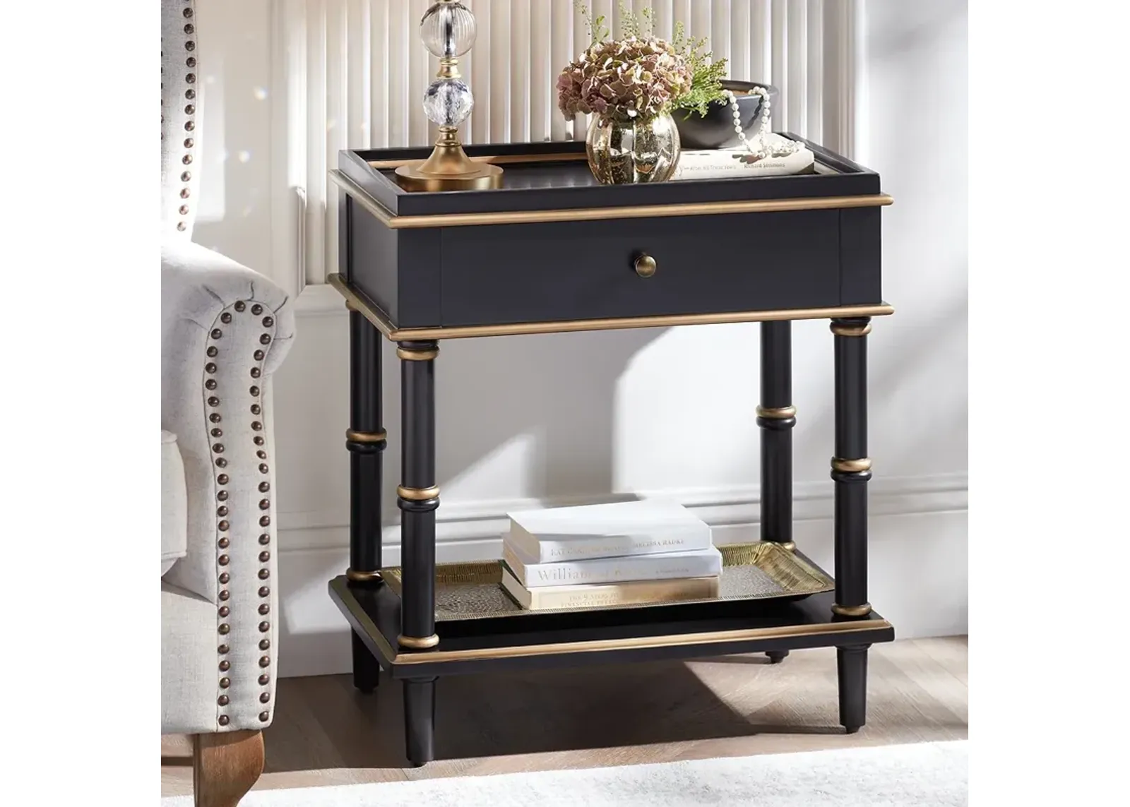 Cason 24" Wide Black and Gold Rectangular Side Table with Drawer