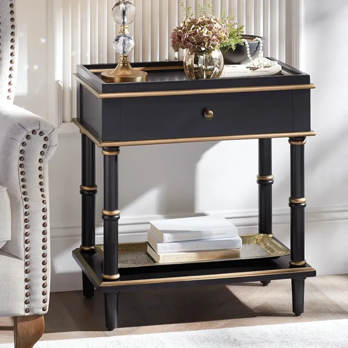 Cason 24" Wide Black and Gold Rectangular Side Table with Drawer