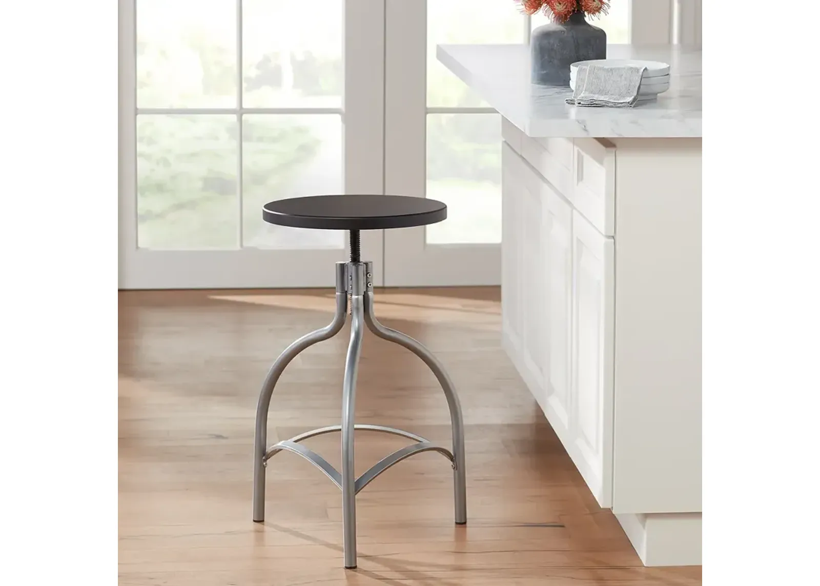 Talor Modern Silver and Black Metal and Wood Adjustable Swivel Barstool