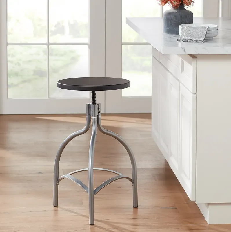 Talor Modern Silver and Black Metal and Wood Adjustable Swivel Barstool