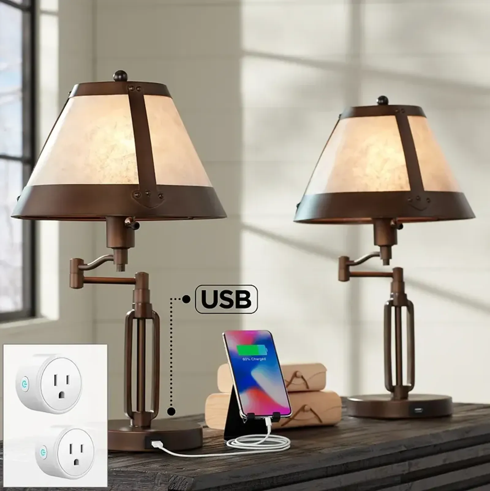 Samuel Bronze Swing Arm USB Desk Lamps Set of 2 with Socket