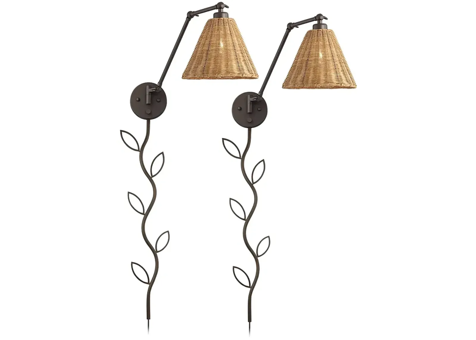 Rowlett Bronze Rattan Shade Plug-In Wall Lamps Set of 2 with Cord Covers