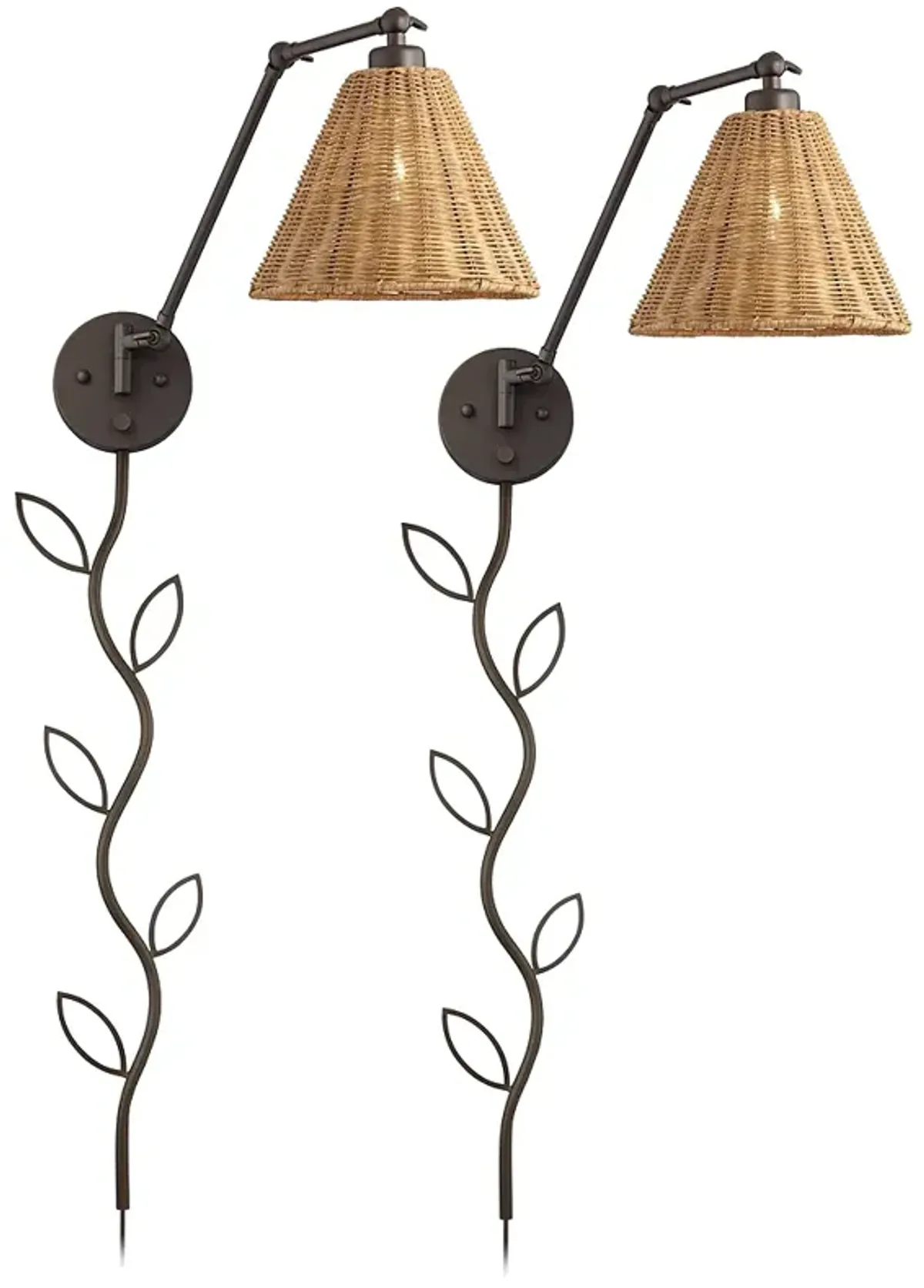 Rowlett Bronze Rattan Shade Plug-In Wall Lamps Set of 2 with Cord Covers