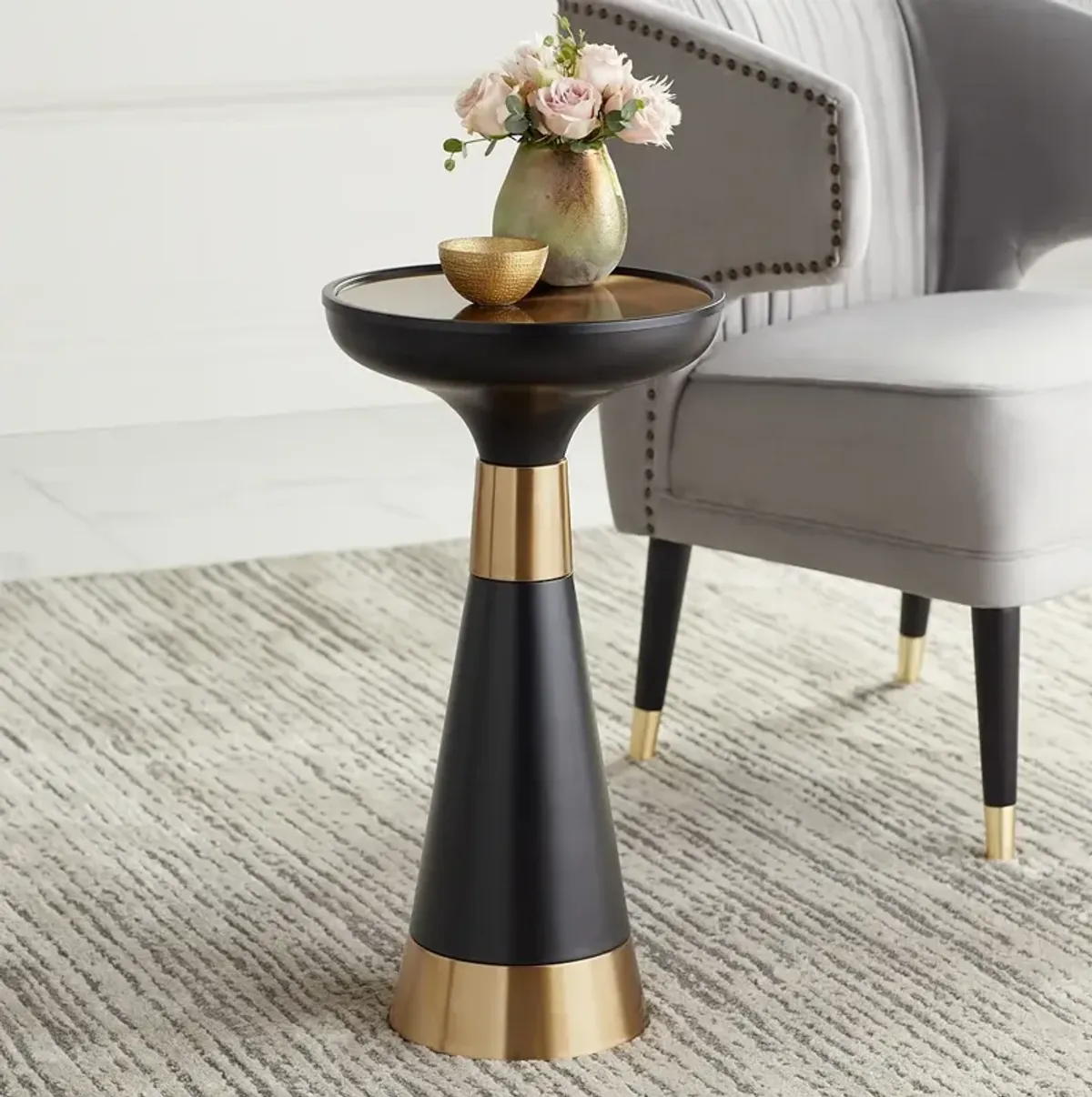 Roxanne 13" Wide Black and Gold Metal Round Side Table