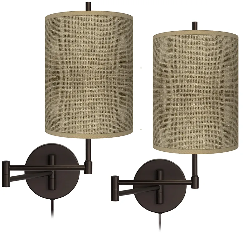 Burlap Print Tessa Bronze Swing Arm Wall Lamps Set of 2