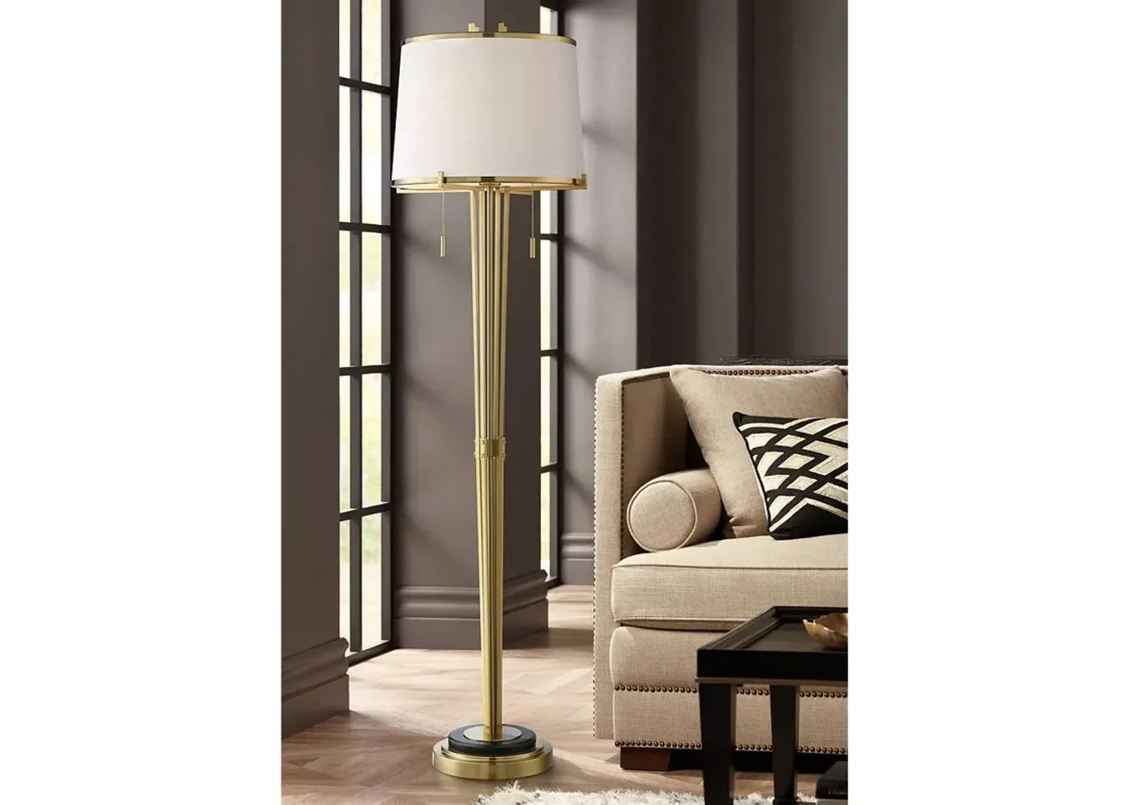 Possini Euro Palisade 64" Luxe Satin Brass and Marble Floor Lamp