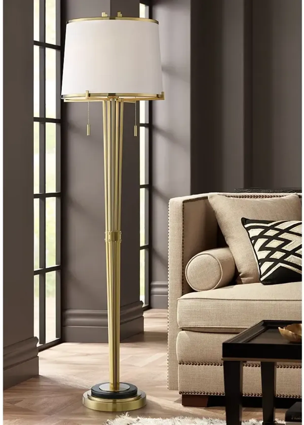 Possini Euro Palisade 64" Luxe Satin Brass and Marble Floor Lamp