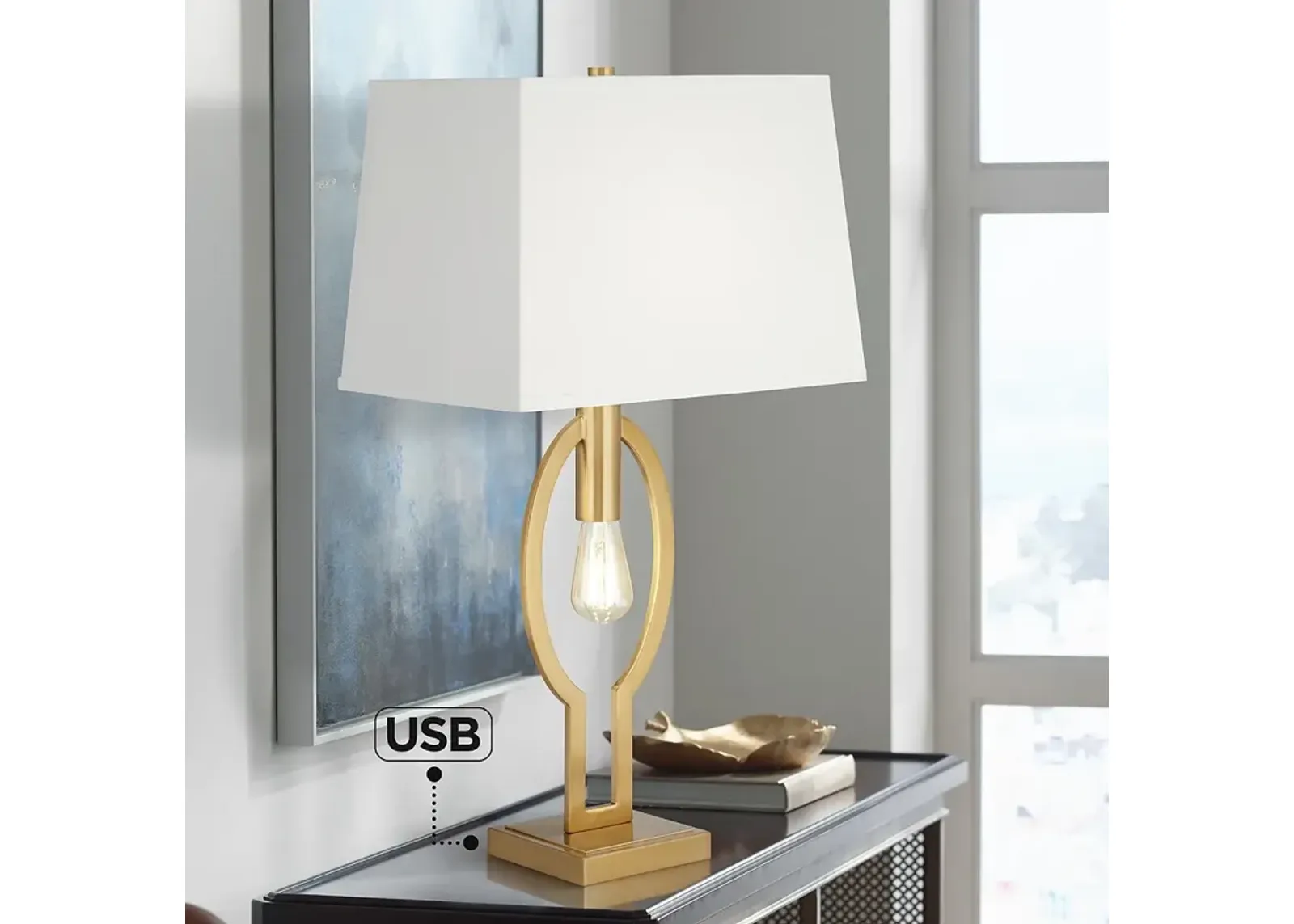 Possini Euro Ella 29" Brass Table Lamp with USB Port and Night Light