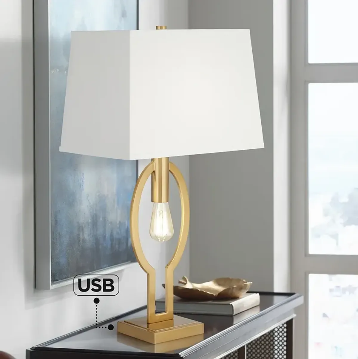 Possini Euro Ella 29" Brass Table Lamp with USB Port and Night Light