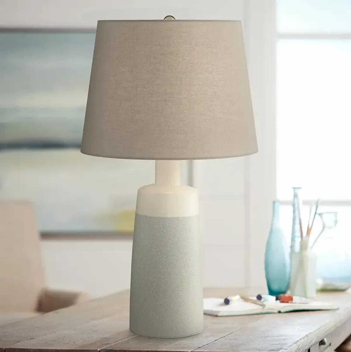 Pacific Coast Lighting Effie Grey and Sand Linen Modern Ceramic Table Lamp