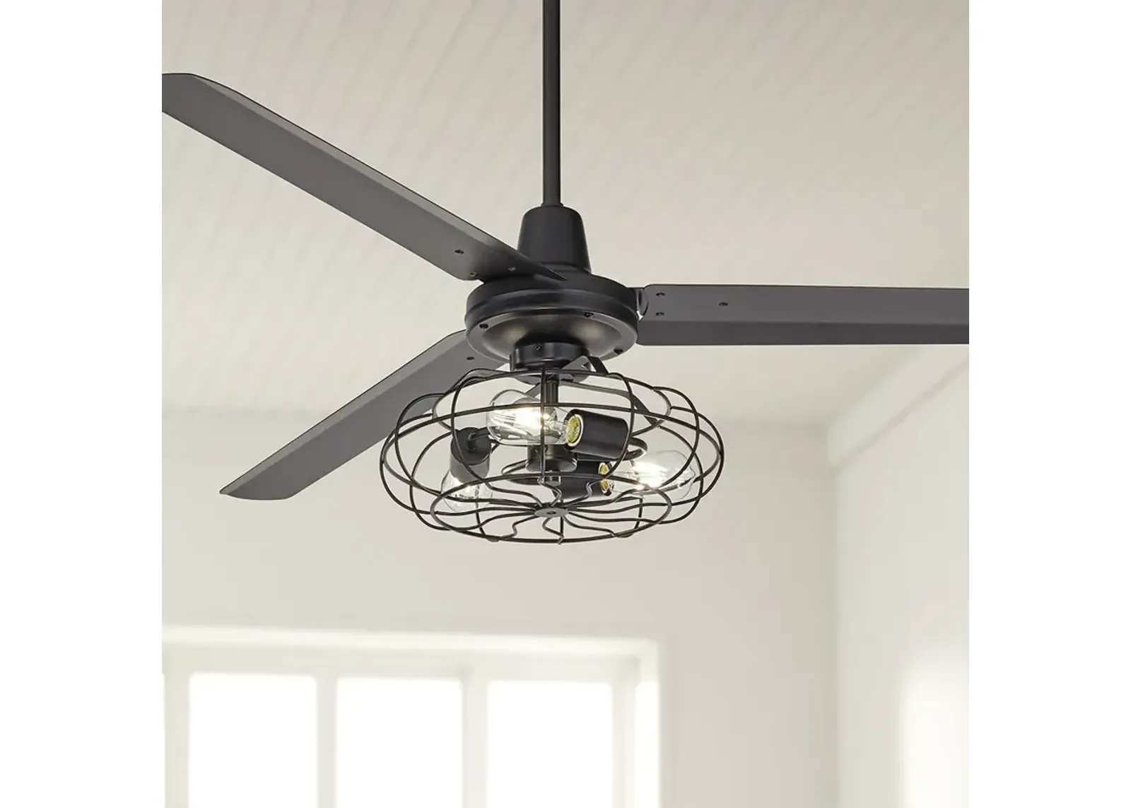 60" Turbina Matte Black Cage Light Ceiling Fan with Remote