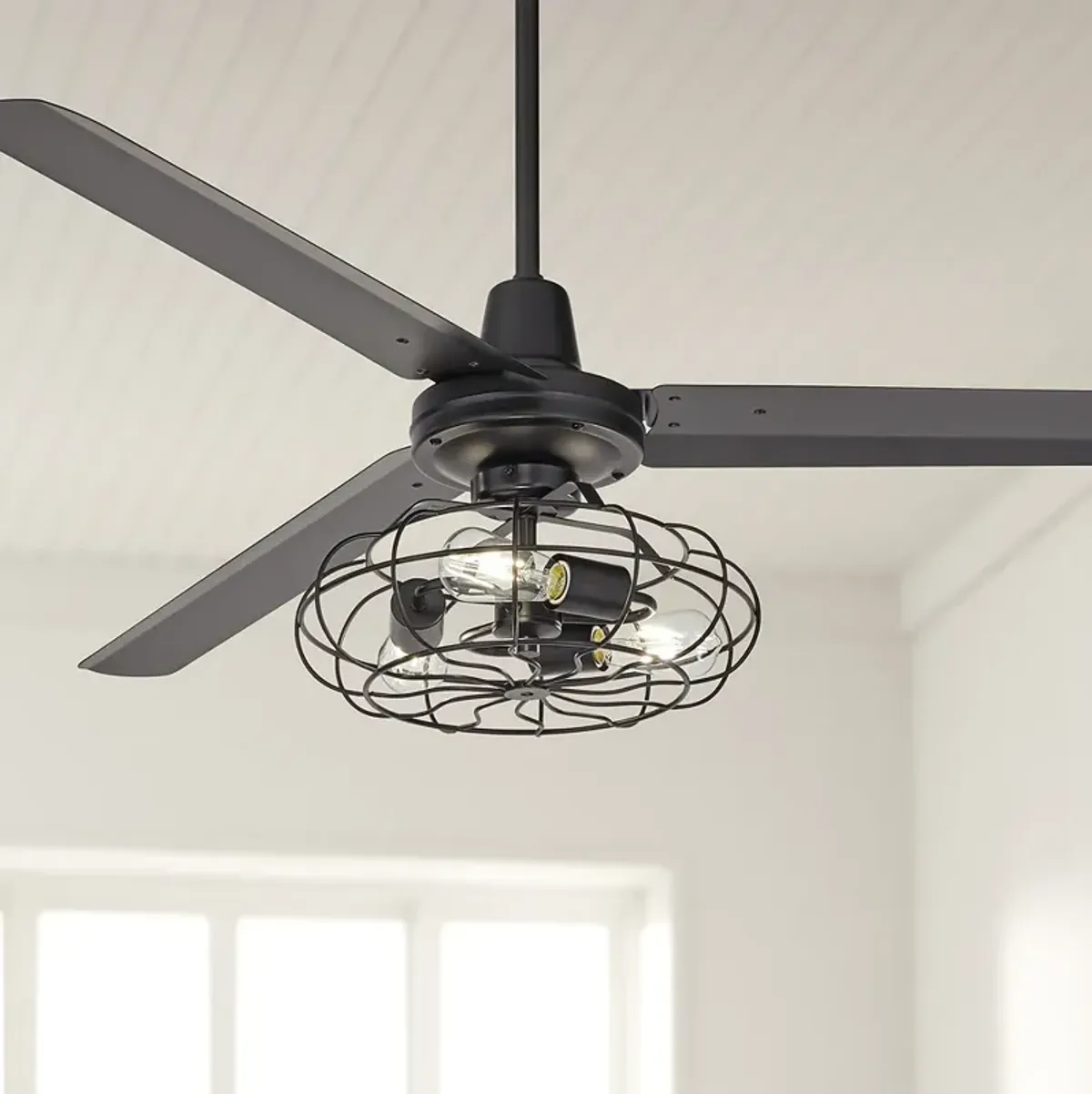 60" Turbina Matte Black Cage Light Ceiling Fan with Remote