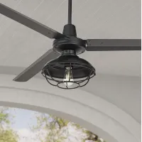 60" Turbina Matte Black Damp Rated Rustic Cage Ceiling Fan with Remote