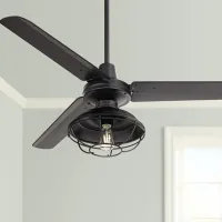 52" Plaza Matte Black Cage Light Damp Rated Ceiling Fan with Remote