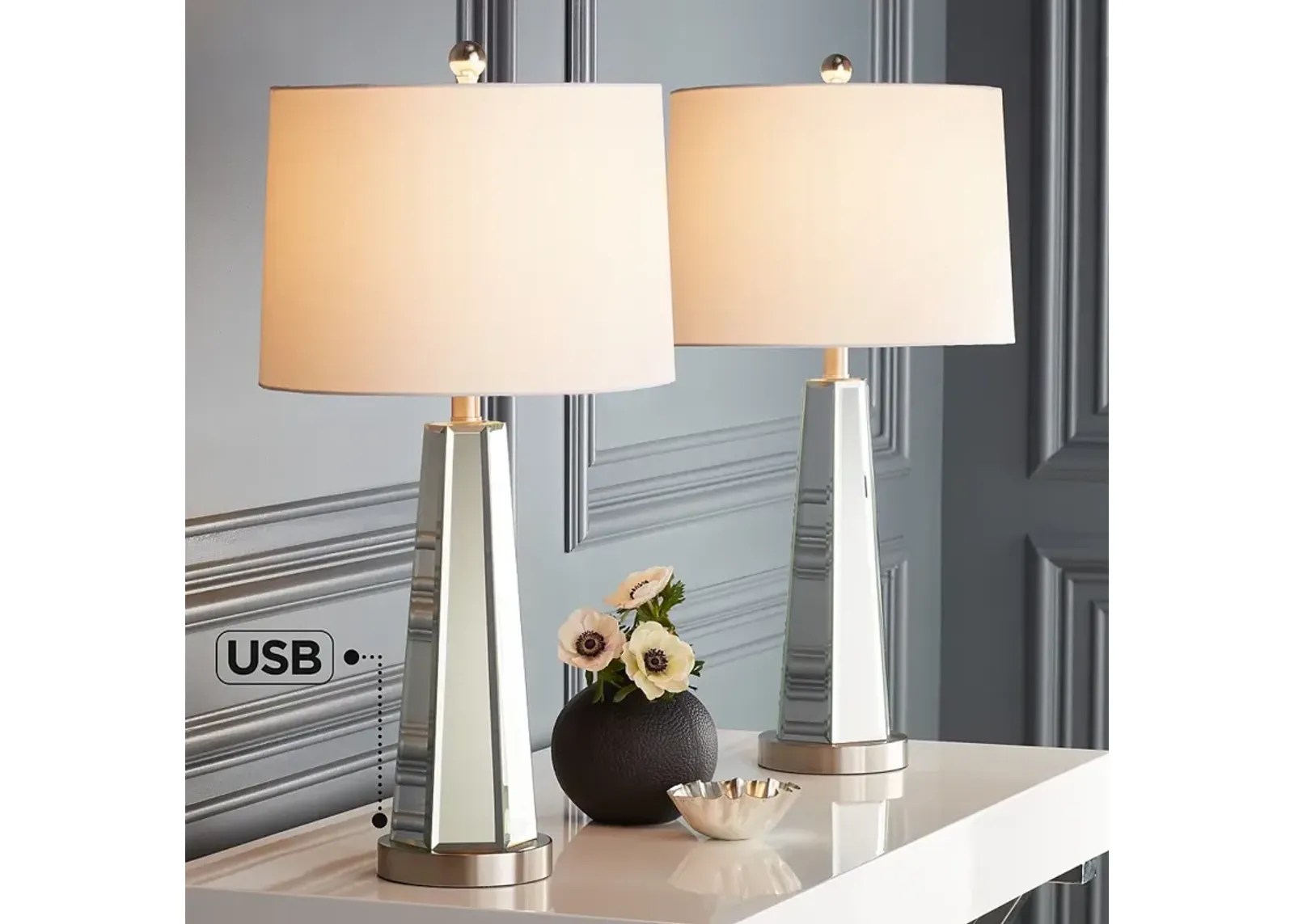 Regency Hill Braydon 28" High Mirrored Column USB Table Lamps Set of 2