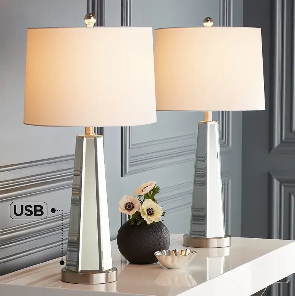 Regency Hill Braydon 28" High Mirrored Column USB Table Lamps Set of 2