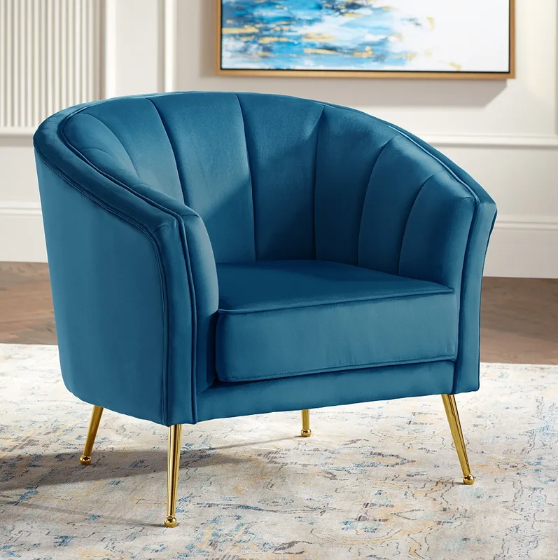 Leighton Blue Velvet and Gold Tufted Accent Chair