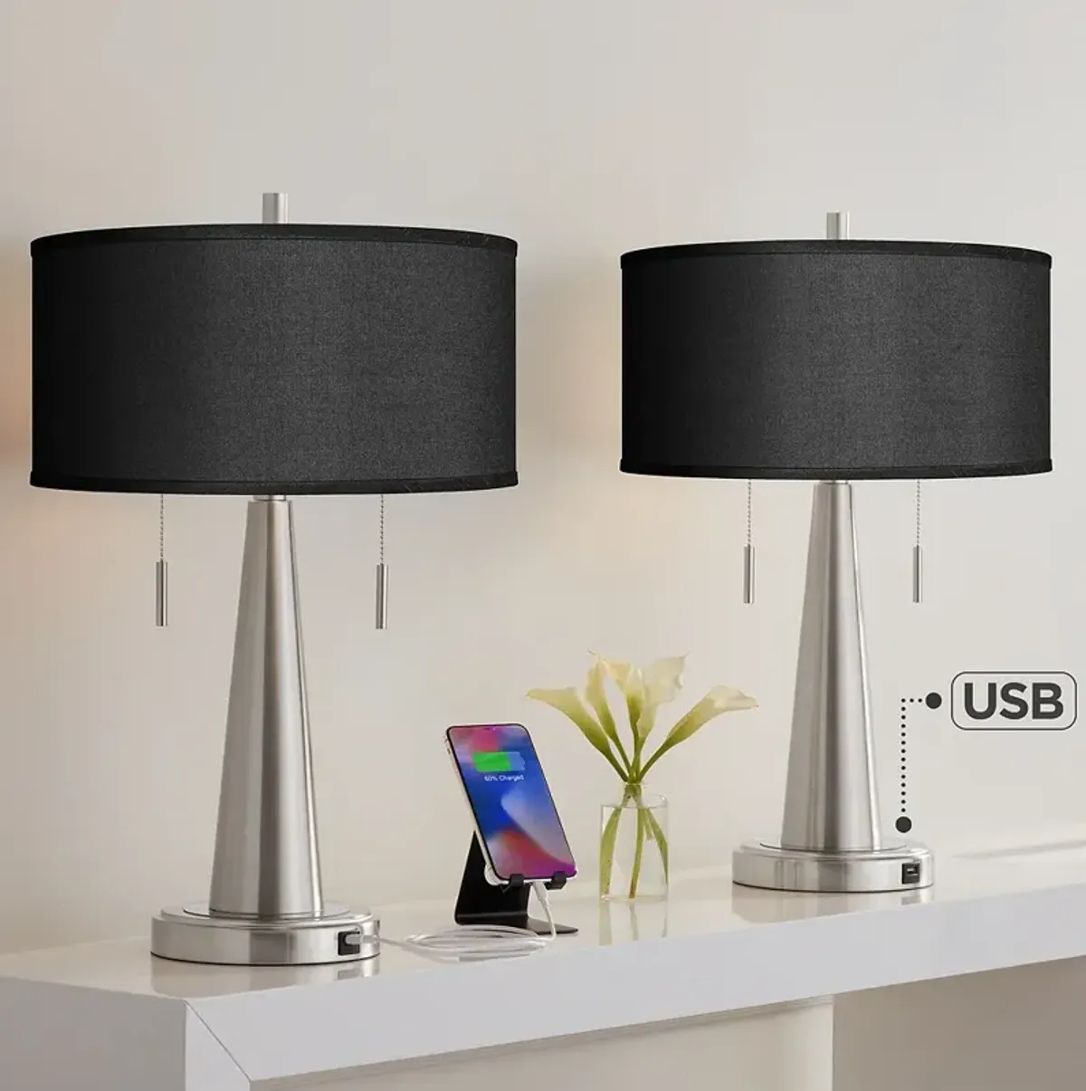 Possini Euro 23" Black Faux Silk Modern USB Table Lamps Set of 2